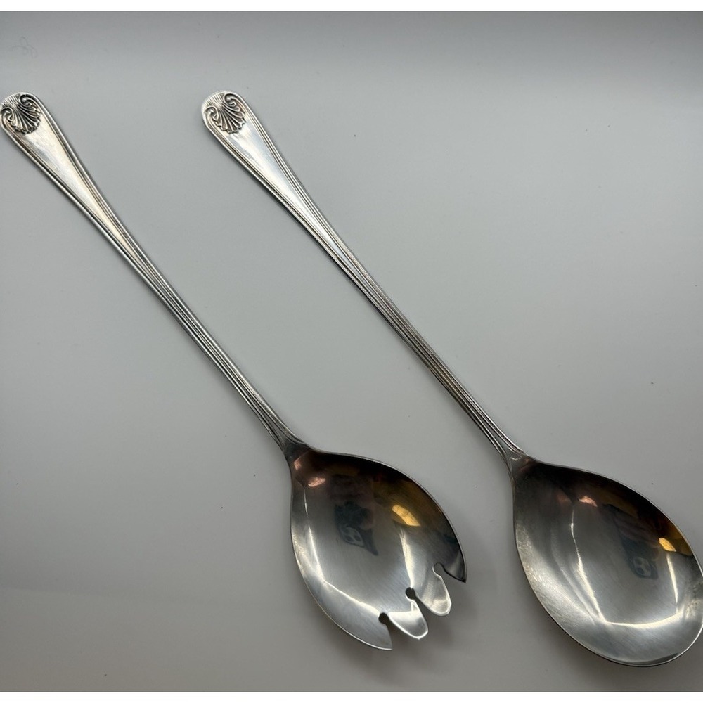 Vintage Set 2 English Silverplate Salad Serving Spoon & Fork Shell Pattern VGUC
